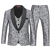 Lamgool Boys Suit 3 Pieces Slim Fit Tuxedo Formal Set with Floral Jacquard Jacket Pant Vest for Wedding Prom Party Size 4-16Y