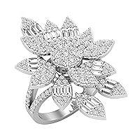 Baguette & Round White Diamond Articulating Floral Split Shank Cocktail Ring for Her (1.96 ctw, Color I-J, Clarity SI) in 925 Sterling Silver Size 9