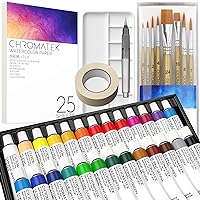 CHROMATEK Watercolor Paint Set | 62 Piece Kit | Adults, Kids, Beginner & Professional Artists | Paper, 8 Brushes, Palette, Aquapen, Tape | 12ml Tubes | Art Supplies
