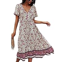 TEMOFON Women's Dresses Summer Bohemian Casual Short Sleeve Floral Print Maxi Dress S-2XL