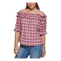 Tommy Hilfiger Womens Ruffled Plaid Blouse Red XL