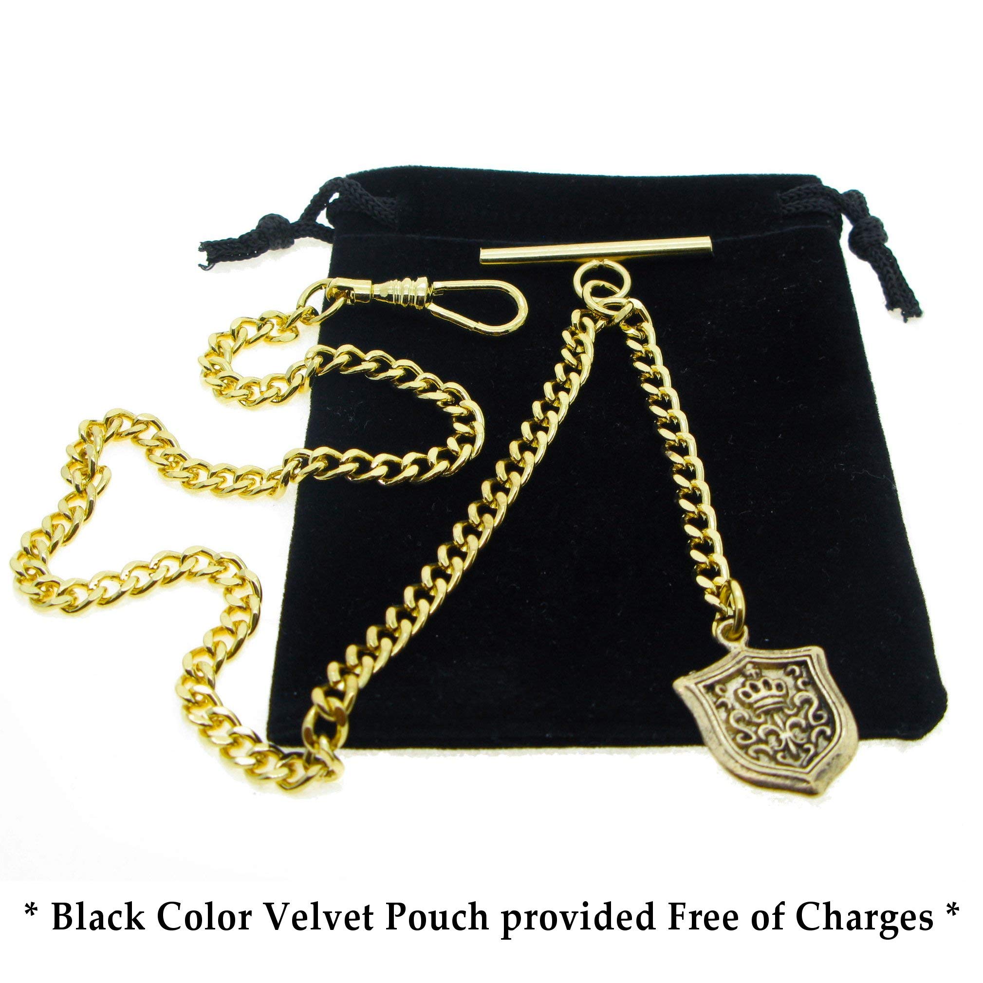 Albert Chain Gold Color Pocket Watch Chains for Men with T Bar Swivel Clasp and Ancient Shield Design Fob AC98