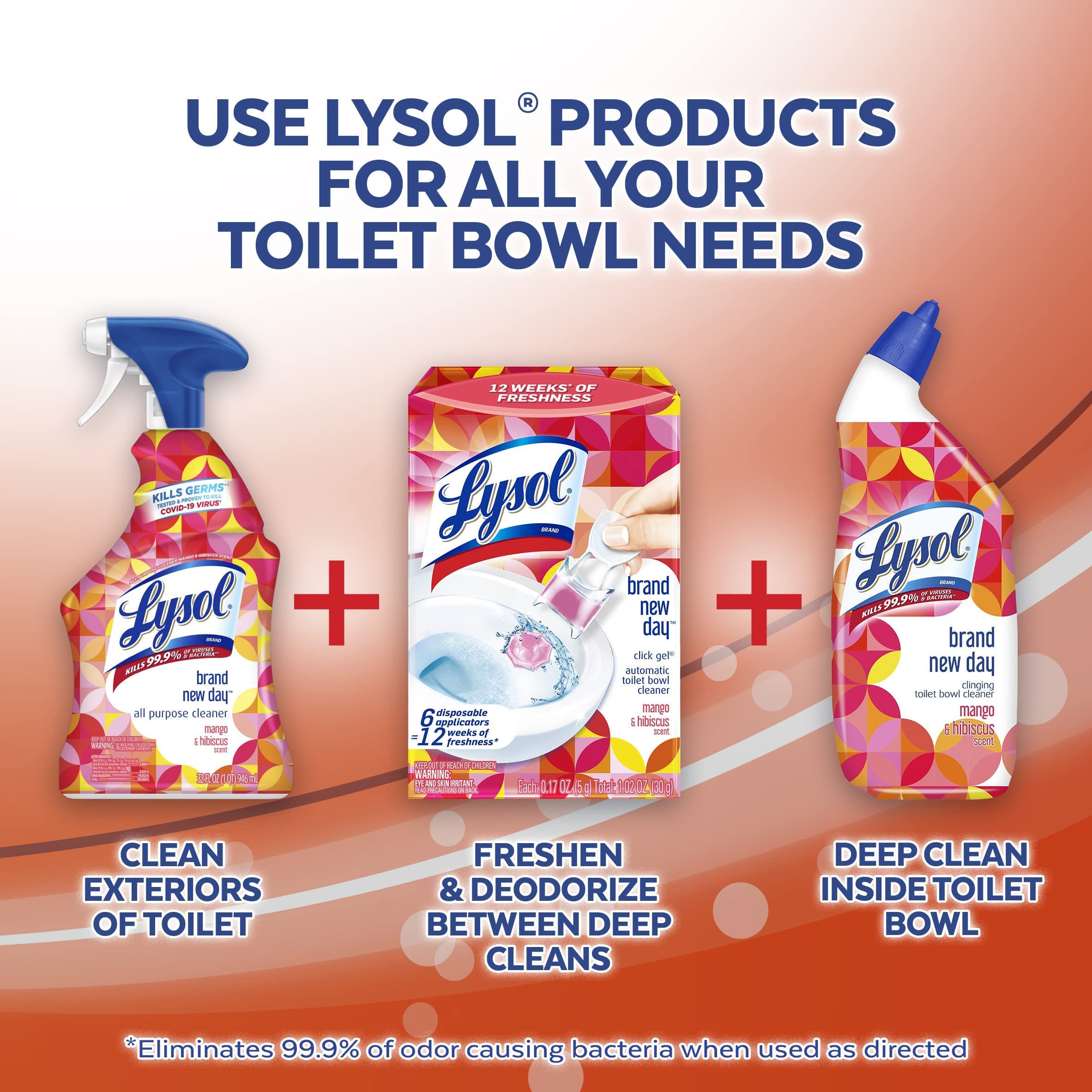 Lysol Click Gel Automatic Toilet Bowl Cleaner, Gel Toilet Bowl Cleaner, For Cleaning and Refreshing, Mango & Hibiscus, 6 applicators.