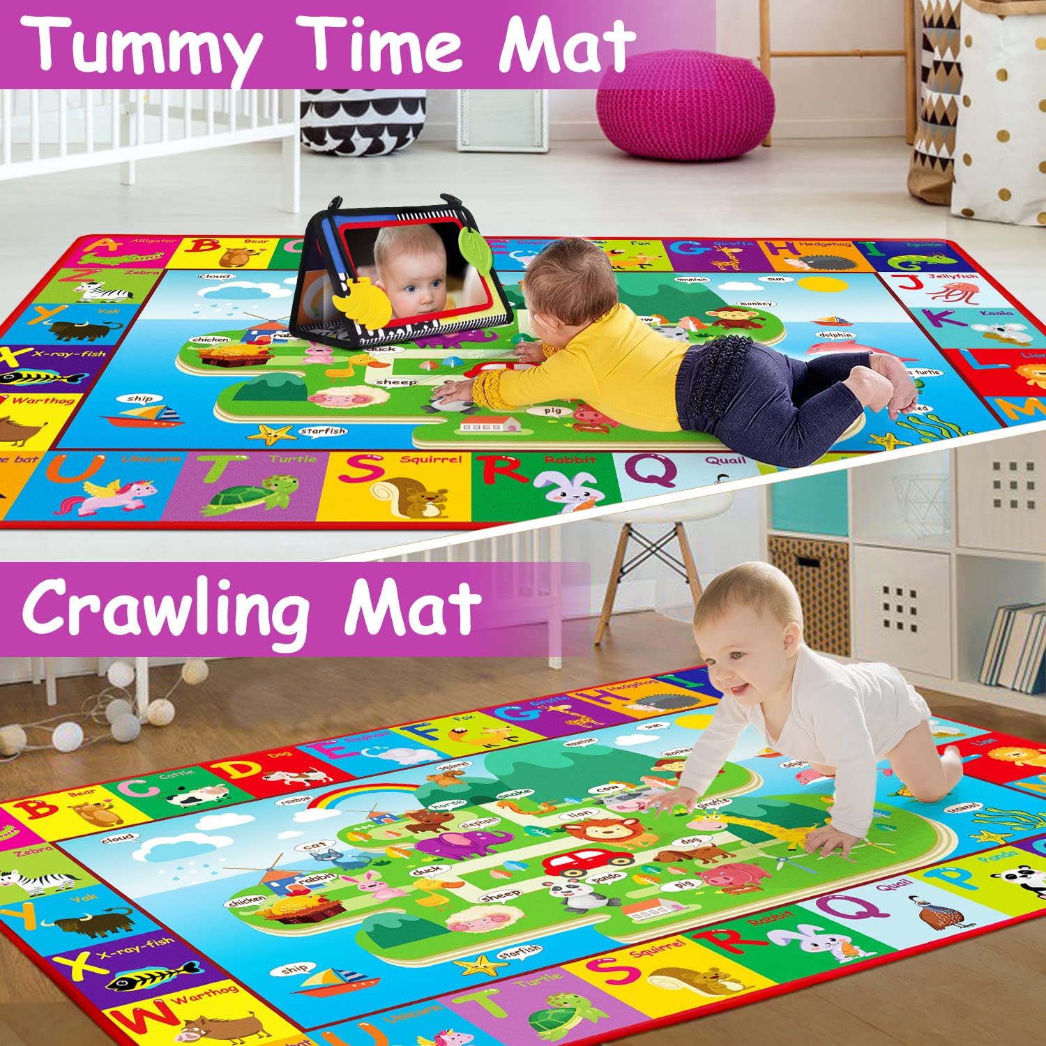 Baby Cotton Play Mat for Floor ABC Rug Playmat for Babies and Toddlers Foldable Non-Slip Crawling Mat 6-12 Months Padded Tummy Time Mat Infant Toys 0-6 Month Animal Gym Mat Easter Gift for Babies