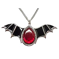 Gothic Black Bat Wings and Blood Red Stone Pewter Pendant Necklace