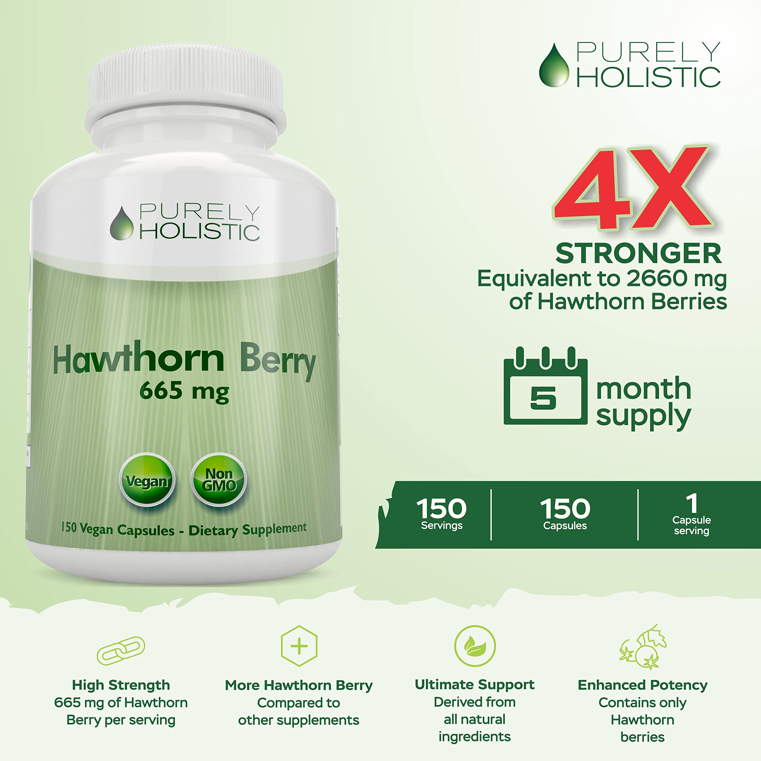 Purely Holistic Hawthorn Berry Capsules 150 Capsules for 5 Month Supply - High Strength 4:1 Hawthorn Extract - Non GMO - Vegan Hawthorne Supplement - Supports Cardiovascular & Digestive Health