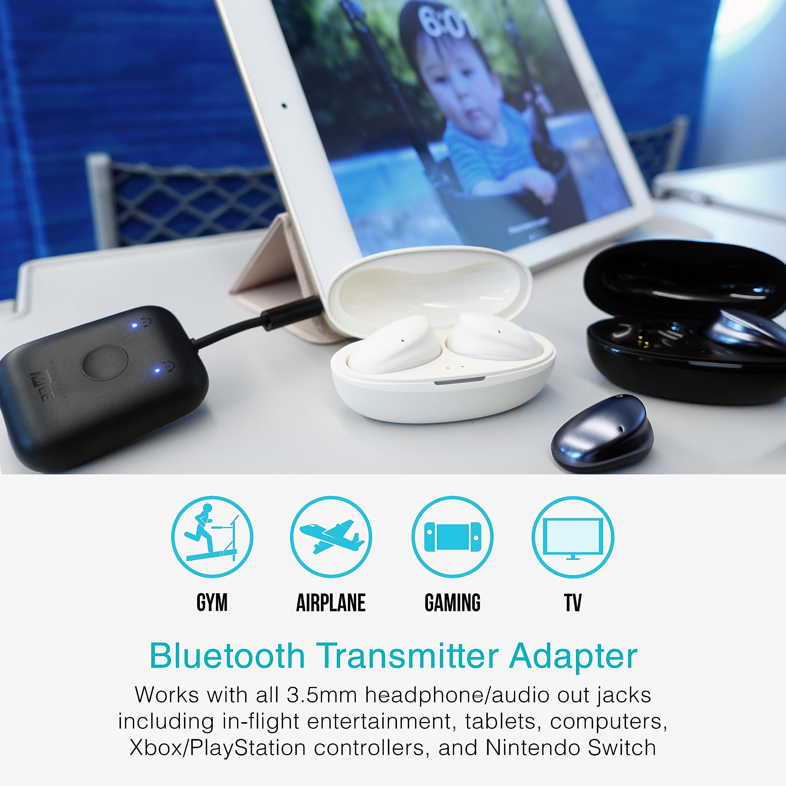 MEE audio Connect Air (2 PACK) in-Flight Bluetooth Wireless Audio Transmitter Adapter for up to 2 AirPods/Other Headphones; Works with All 3.5mm Aux Jacks on Airplanes, Gym, TVs, & Gaming, Black&White