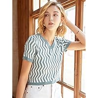 Women's Knitted Tops Chevron Pattern Crop Knit Top Knitted Tops (Color : Multicolor, Size : Small)
