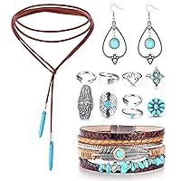 Sanfenly Bohemian Turquoise Jewelry Pendant Suede Long Choker Necklace Vintage Turquoise Statement Dangle Earrings Boho Leather Cuff Bracelet with Stackable Knuckle Rings Set for Women, Metal, Cubic