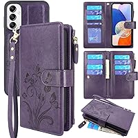 Lacass for Samsung Galaxy A14 5G 2023 Case,[12 Card Slots] ID Credit Cash Holder Zipper Pocket Detachable Magnet Leather Wallet Cover with Wrist Strap Lanyard (Floral Dark Purple)