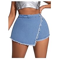 Floerns Women's Plus Size Wrap Buttoned High Waisted Denim Skorts Shorts with Pockets