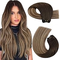 Moresoo Sew in Hair Extensions Ombre Human Hair Weft Extensions Dark Brown to Golden Brown with Dark Ash Blonde Balayage Weft Sew in Remy Human Hair Extensions 100G 16Inch