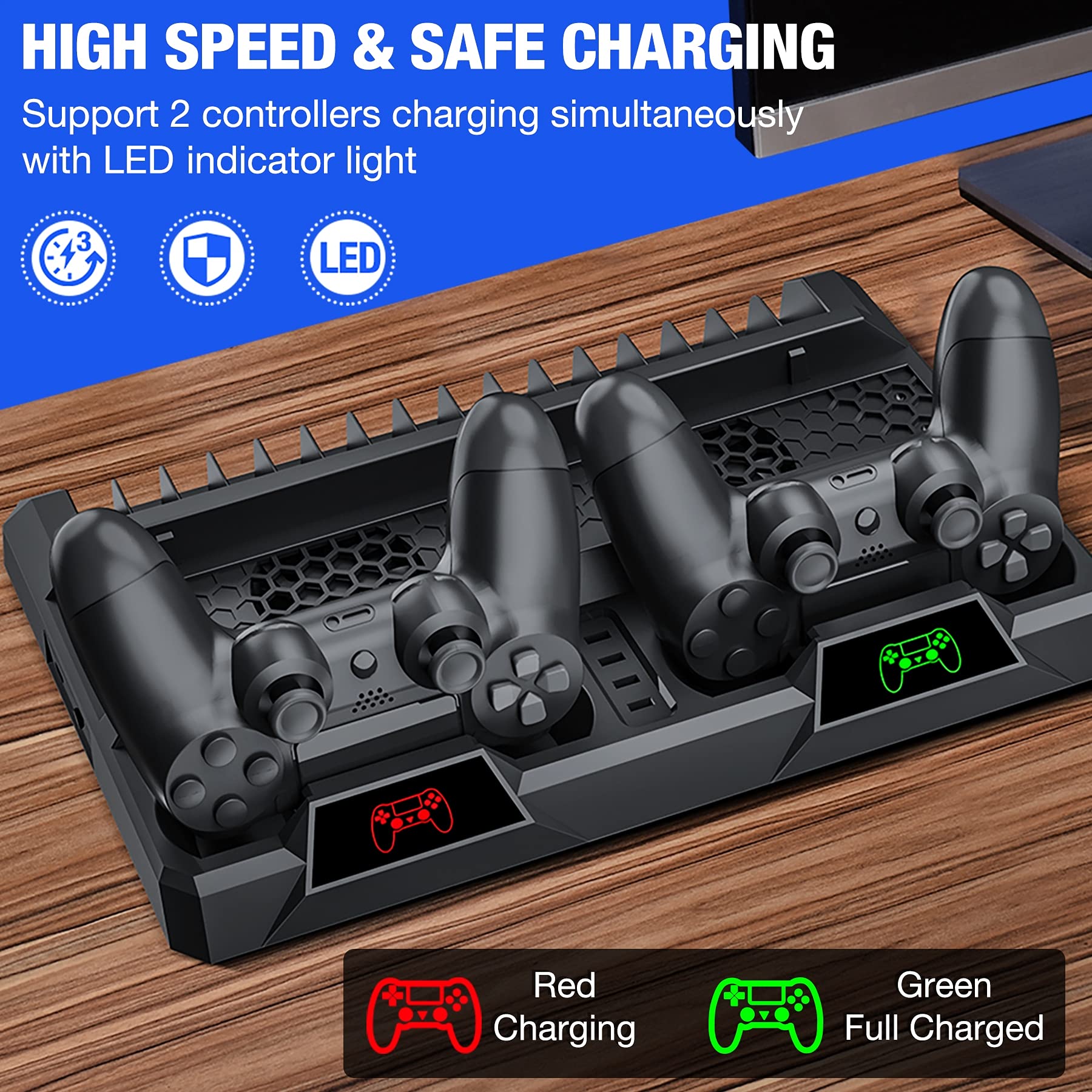 Kawaye PS4 Stand Cooling Fan for PS4 Slim/PS4 Pro/Playstation 4, PS4 Vertical Stand Cooler with Dual Controller Charge Station & 16 Game Storage, PS4 Organizer Stand with Game Storage PS4 Accessories