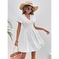 Dresses for Women Eyelet Embroidery Butterfly Sleeve Dress (Color : White, Size : Large)