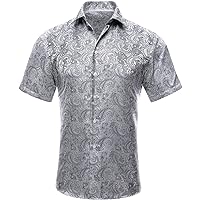 Hi-Tie Gray Black Paisley Dress Shirts for Men Silk Casual Hawaiian Button Down Short Sleeve Regular Fit Shirt for Prom Beach(Large)
