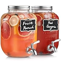 1-Gallon Glass Beverage Dispenser with Stainless Steel Spigot - [2 Pack] Drink Dispensers for Parties - Mason Jar Drinking Dispenser with Lid, Wooden Chalkboard