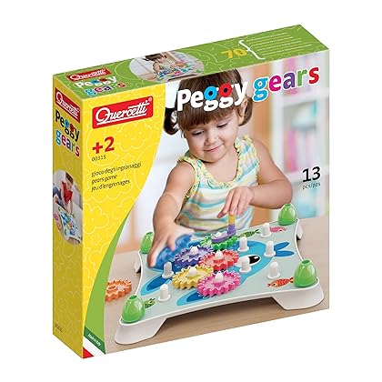 Quercetti Peggy Gears Toy for Toddlers - 7 Large Gears and Crank, Includes 2-Sided Illustrated Cards, for kids ages 2 - 4 years