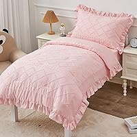 4 Piece Boho Tufted Toddler Bedding Set for Girls Pink Ruffle Crib Bed Sheets Set Soft Jacquard Embroidery Toddler Comforter Set Bed in a Bag | Include Comforter, Flat Sheet, Fitted Sheet, Pillowcase