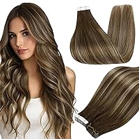 Full Shine Tape in Hair Extensions Human Hair 24 Inch Seamless Tape in Extensions Medium Brown to Honey Blonde Balayage Skin Weft Tape Hair 20 Pcs 50 Gram Tape in Human Hair Extensions