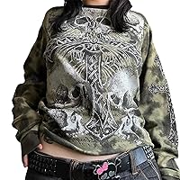 Y2k Women Gothic Fairy Grunge Graphic Long Sleeve Tees Tops Aesthetic Skull Print Baggy T Shirts Streetwear