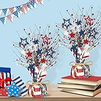 2 Packs 4th of July Artificial Tree Tabletop Decor Patriotic Tree Red Blue White Artificial Berry Stem Picks Wooden Star Shaped America Flag Cotton Base Farmhouse Tree for Independence Day