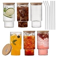 6pcs Set 16oz Ribbed Glassware Drinking Glasses with Lid and Straws, Ribbed Glass Cups, Vintage Fluted Iced Coffee Cups Glassware for Juice, Beer, Whiskey, Soda,Tea and Cocktail