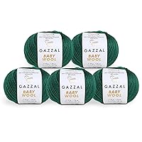 5 Pack - Total 8.8 Oz Gazzal Baby Wool 1.76 Oz (50g) / 191 Yards (175m) Fine Baby Yarn, 40% Lana Merino, 20% Cashmere Type Polyamide, Green - 814