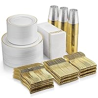 Munfix 700 Piece Gold Dinnerware Set - 200 Gold Rim Plates - 300 Gold Silverware - 100 Gold Plastic Cups - 100 Linen Like Gold Paper Napkins, 100 Guest Disposable, Gold
