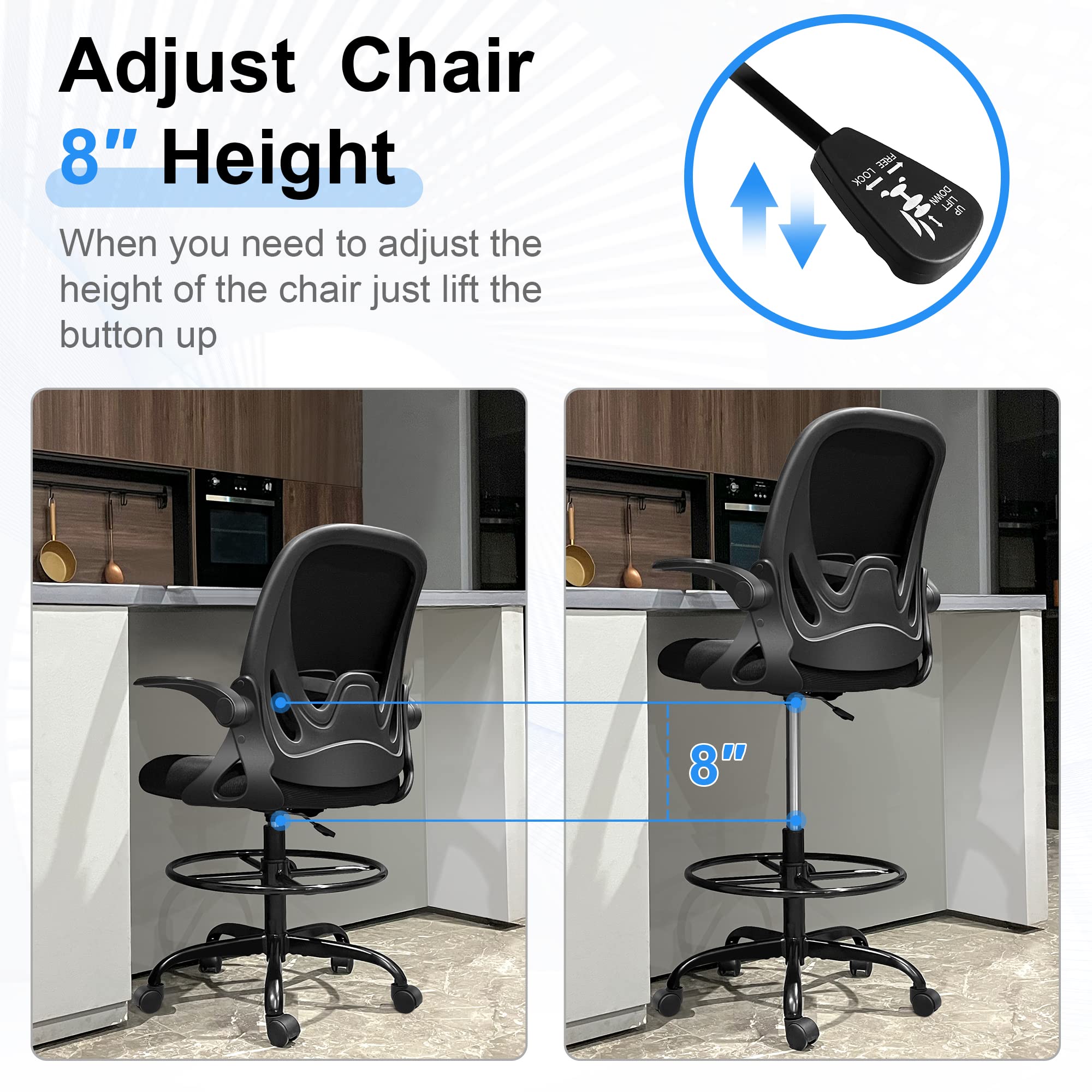 Mua Primy Drafting Chair Tall Office Chair with Flip-up Armrests Executive  Ergonomic Computer Standing Desk Chair with Lumbar Support and Adjustable  Footrest Ring (Black) trên Amazon Mỹ chính hãng 2023 | Giaonhan247