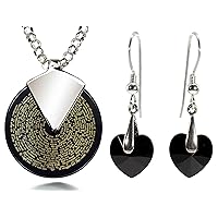 NanoStyle I Love You Necklace Pure Gold Inscribed in 120 Languages in Miniature Text on Spinning Onyx Pendant Black Crystal Heart Drop Earrings Jewelry Set for Women Birthday Gift, 18