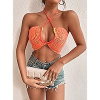 Women's Tops Shirts Sexy Tops for Women Stripe Pattern Crisscross Tie Backless Halter Crop Knit Top Shirts for Women (Color : Orange, Size : Large)