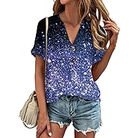 Womens T-Shirt Casual Deep V Neck Short Sleeve Shirt Button Loose Fit Tops Summer Graphic Tees