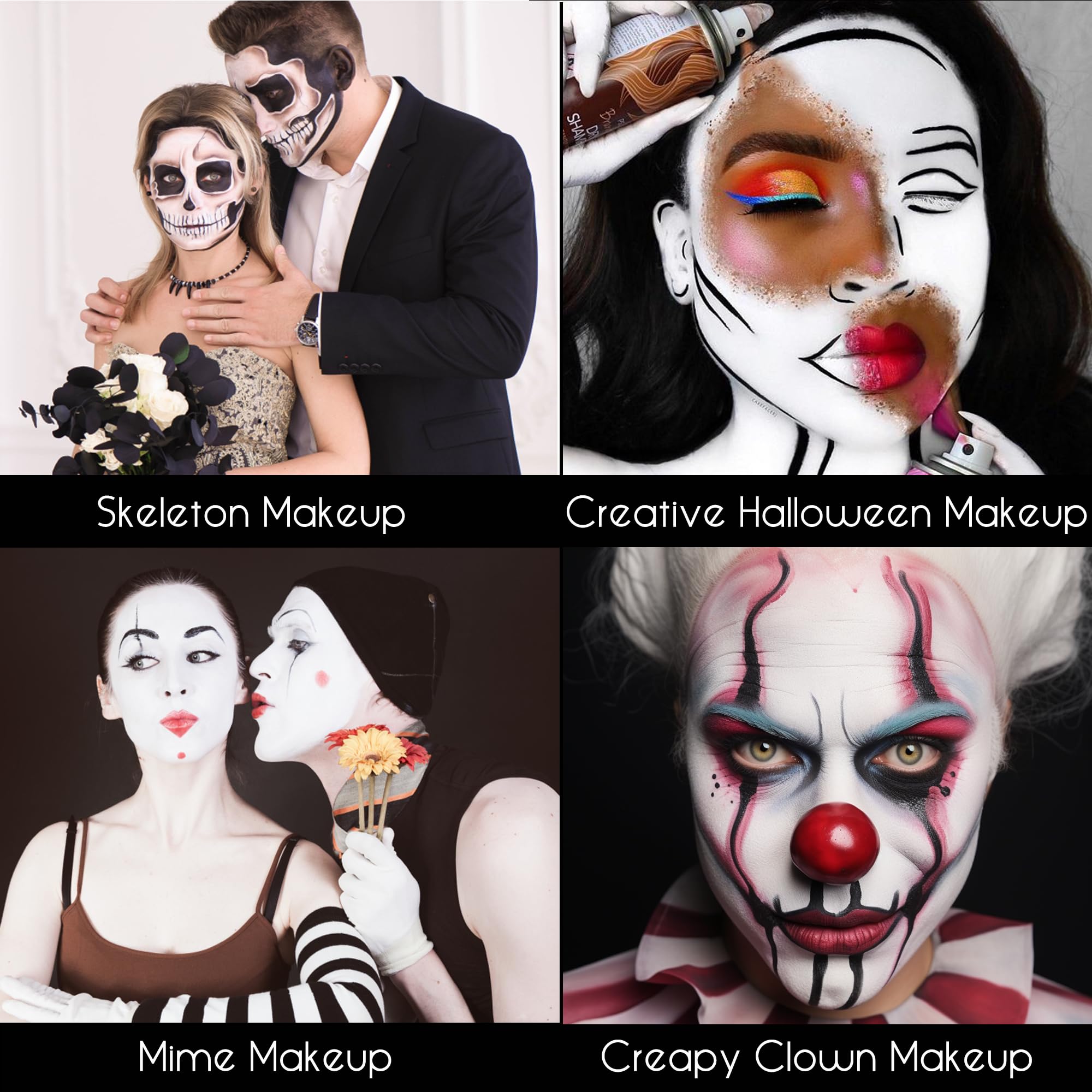 CCbeauty 7.4oz Halloween Clown Makeup, Large Black White Face Body Paint Set with 10 Sponges Non Toxic Dress Up Face Painting Kit for Adult Mime Skeleton Skull Costume Cosplay Makeup