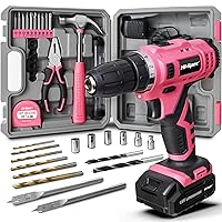 Hi-Spec 30-Piece Pink Cordless Drill 12 V and Household DIY Tool Set Cordless Drilling and Screws with Essential DIY Tools and Accessories