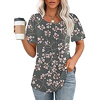 OFEEFAN Womens T Shirts Short Sleeve Pleated Dressy Casual Scooped Neck Summer Tops Blouses