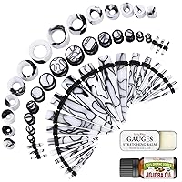BodyJ4You 48PC Ear Stretching Kit 14G-00G - Aftercare Jojoba Oil Balm Wax - Marble Black White Acrylic Plugs Gauge Tapers Silicone Tunnels - Lightweight Expanders Men Women