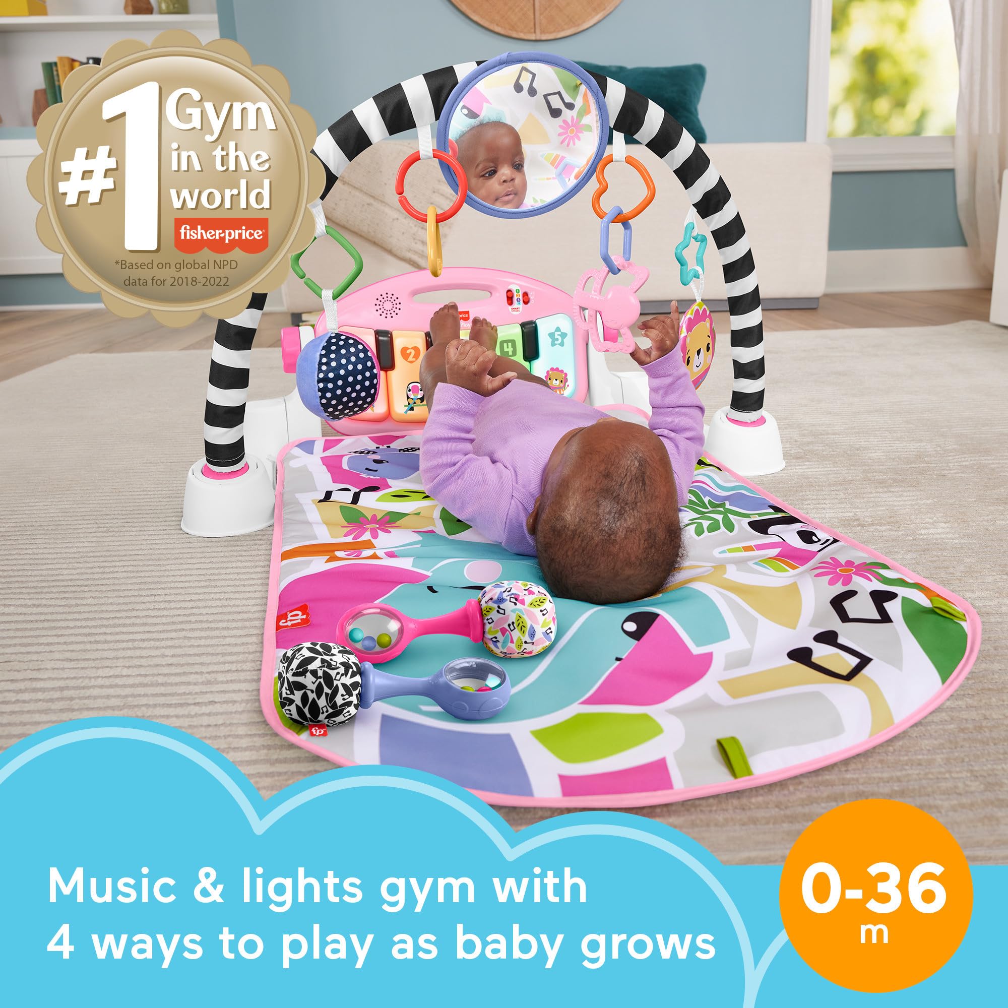 Fisher-Price Baby Gift Set Glow and Grow Kick & Play Piano Gym Baby Playmat & Musical Toy with Smart Stages Learning Content, Plus 2 Maracas for Ages 0+ Months, Pink