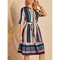 Womens Dress Brush Print Belted Ruffle Hem Dress Casual Dresses for Women (Color : Multicolor, Size : X-Large)