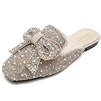 Women's Pearl Rhinestone Bow Mules,Glitter Square Toe Slip on Flat Ladies Sparkly Baotou Clogs Slippers