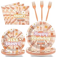 96 Pcs Groovy Birthday Tableware Set Hippie Plates Napkins Boho Party Decorations Retro Dinnerware with Daisy Flower 60's Style Party Supplies for Girls Birthday Tableware Kit Party Favor 24 Guests