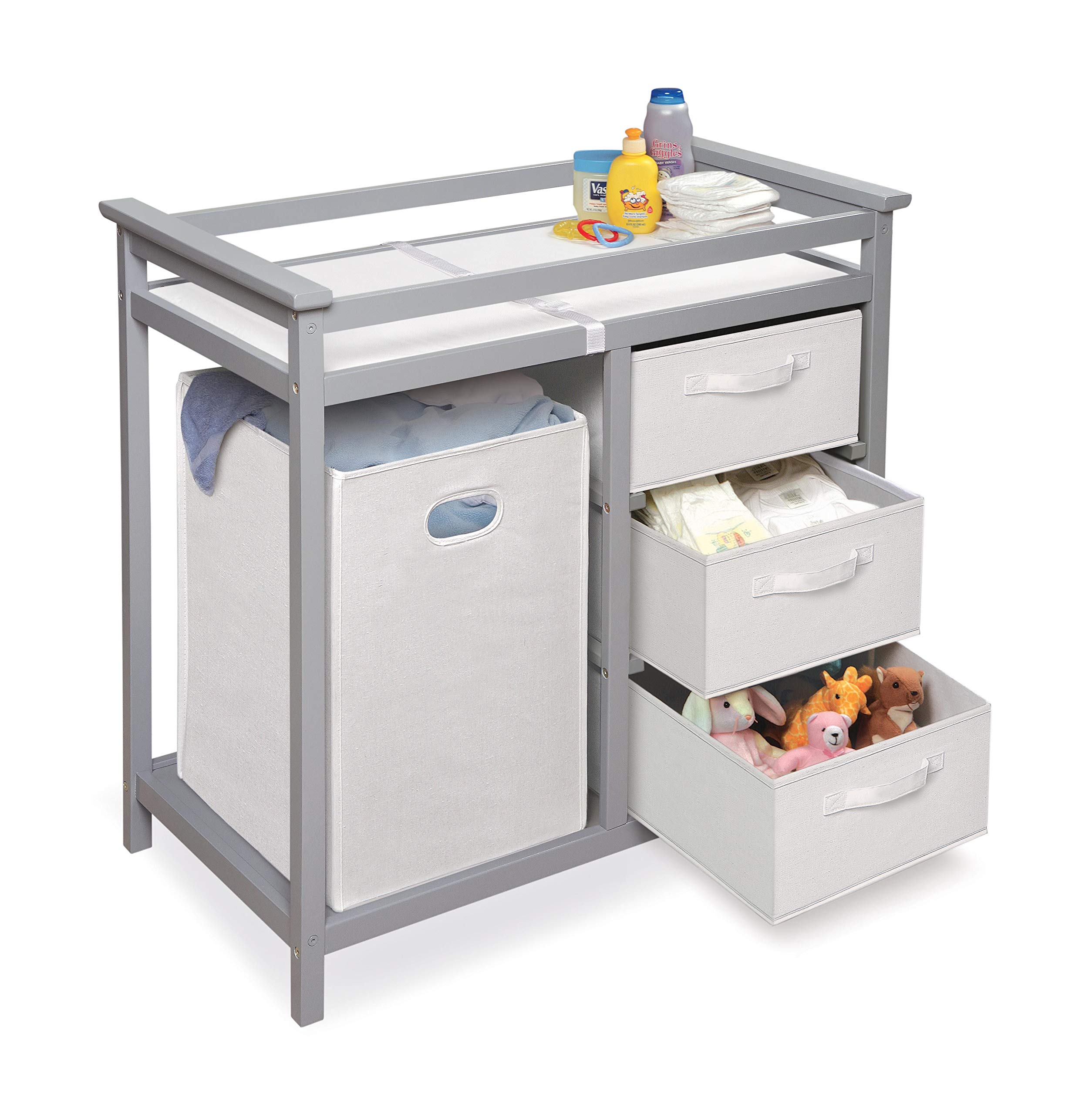 Modern Baby Changing Table with Laundry Hamper, 3 Storage Baskets, and Pad
