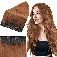 Full Shine Copper Hair Extensions Real Human Hair Wire Secret Hair Extensions Fish Line Remy Human Hair Silky Straight Invisible Fish Line Adjustable 16 inch 80g