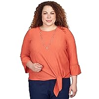 Alfred Dunner Women's Plus-Size Gauze Tie Front Bell Sleeve Top with Necklace