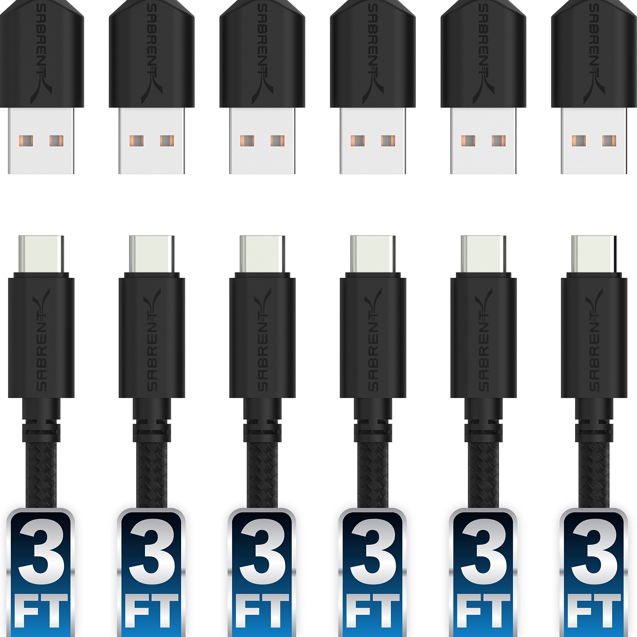 SABRENT [6 Pack 22AWG Premium 3ft USB C to USB A 2.0 Sync and Charge Cables [Black] (CB-C6X3)