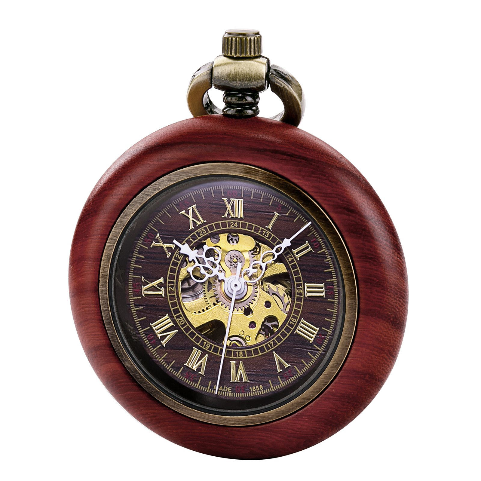TREEWETO Vintage Wood Mechanical Pocket Watch for Men Women Steampunk Skeleton Dial with Chain + Box