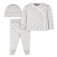 Gerber Baby Boys Newborn Hospital Pointelle Outfit Shirt, Footed Pant And Cap Clothing Set, Grey Dots, 0-3 Months US