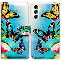 RFID Blocking Case for Samsung Galaxy A15 5G,Blue/Gold Butterflies Leather Flip Phone Case Wallet Cover with Card Slot Holder Kickstand for Samsung Galaxy A15 5G
