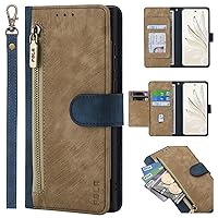XYX Wallet Case for Motorola G82 5G, RFID Blocking Color Matching PU Leather 6 Card Slots Flip Zipper Pocket Purse Cover with Wrist Lanyard for Moto G82 5G, Yellow & Blue