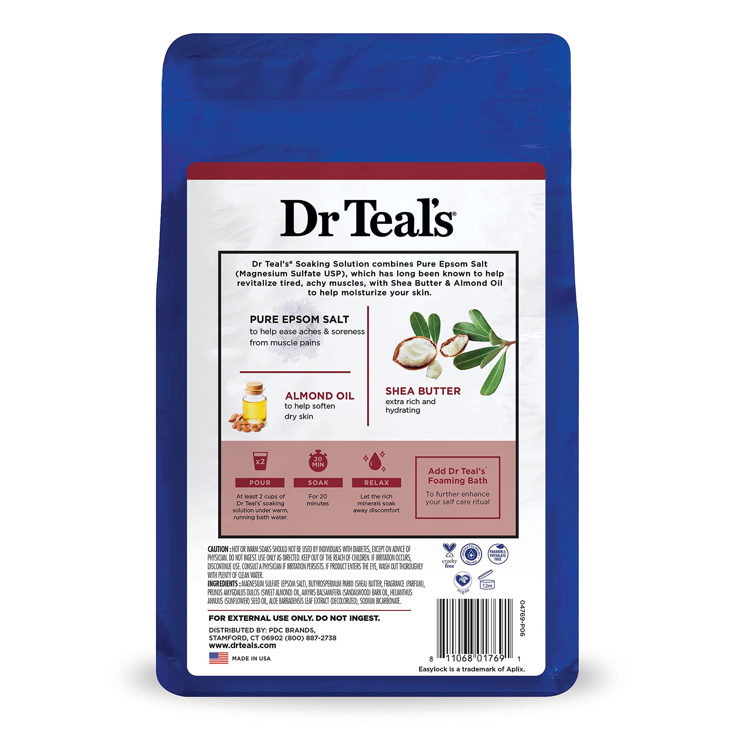 Dr Teal's Pure Epsom Salt, Shea Butter & Almond, 3 lbs (Pack of 4) (Packaging May Vary)