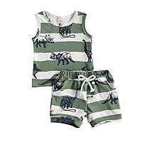 Newborn Baby Boys Summer Outfit Set Cartoon Dinosaur Print Sleeveless Tank Tops and Ribbed Shorts 2Pcs Clothes